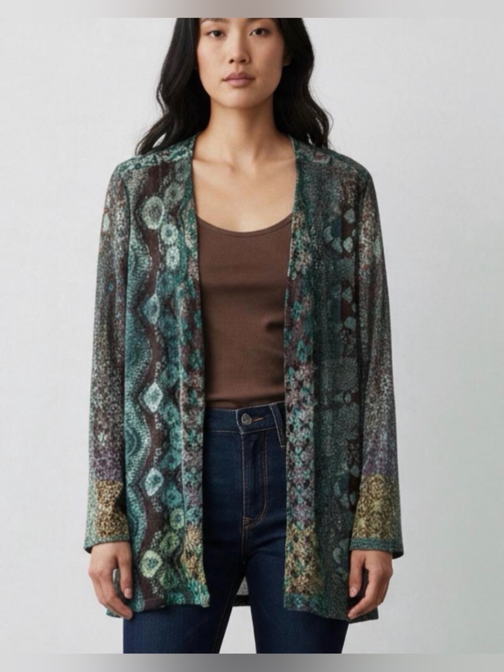 Soft Surounding Open-Front Patterned Cardigan Sweater in Teal and Brown